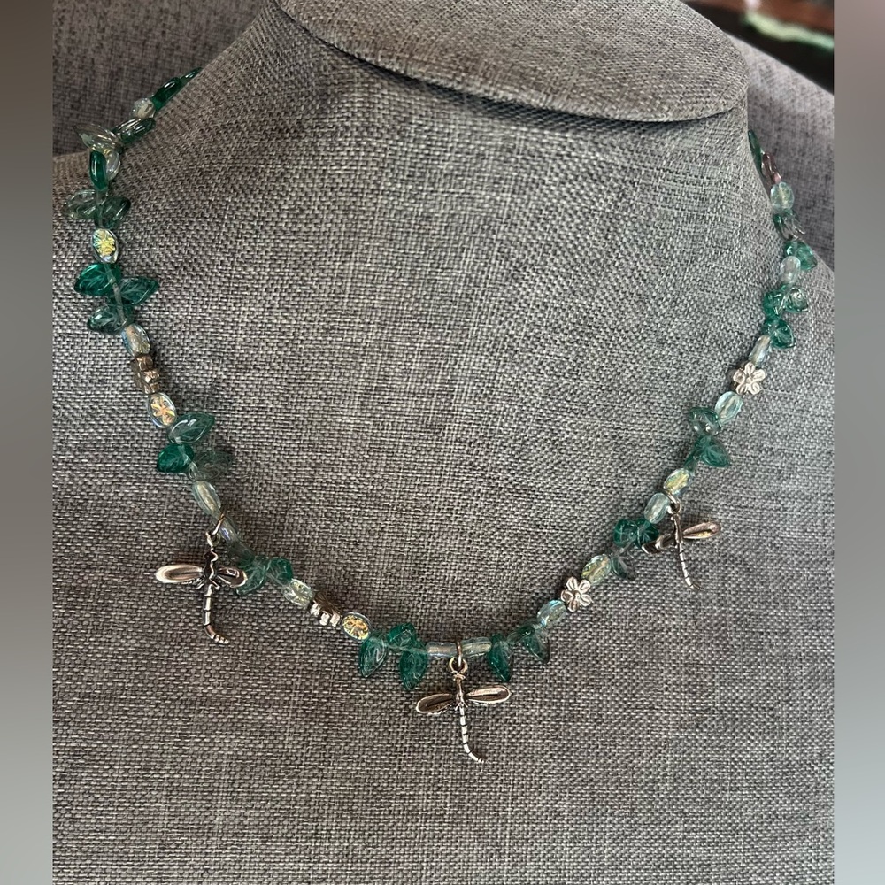 Artisan 925 Glass Necklace Dragonfly Green Blue AB Sea Glass Brads Fairy Magical